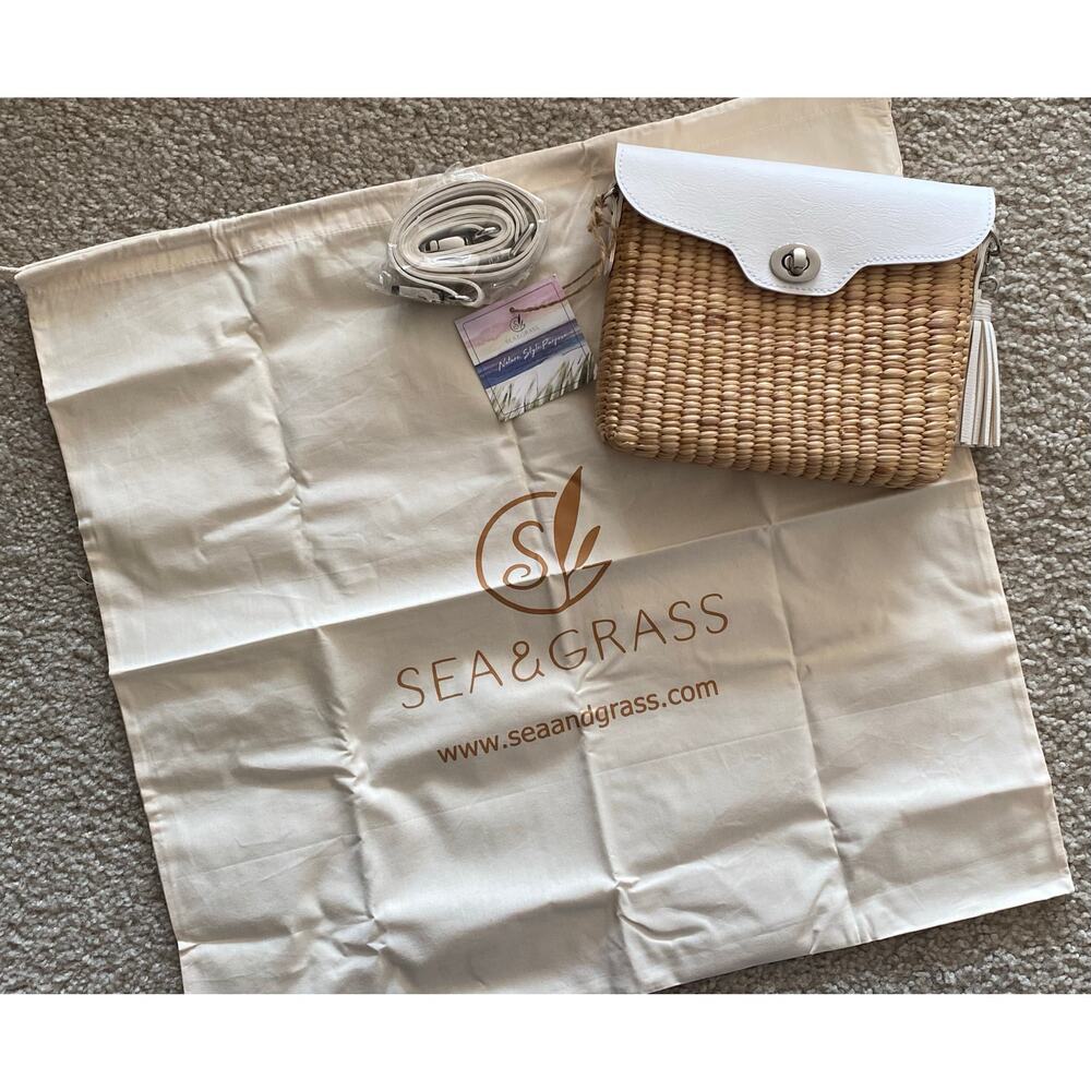 NWT Sea & Grass Kenzie Woven Seagrass Crossbody Bag – White Leather Flap